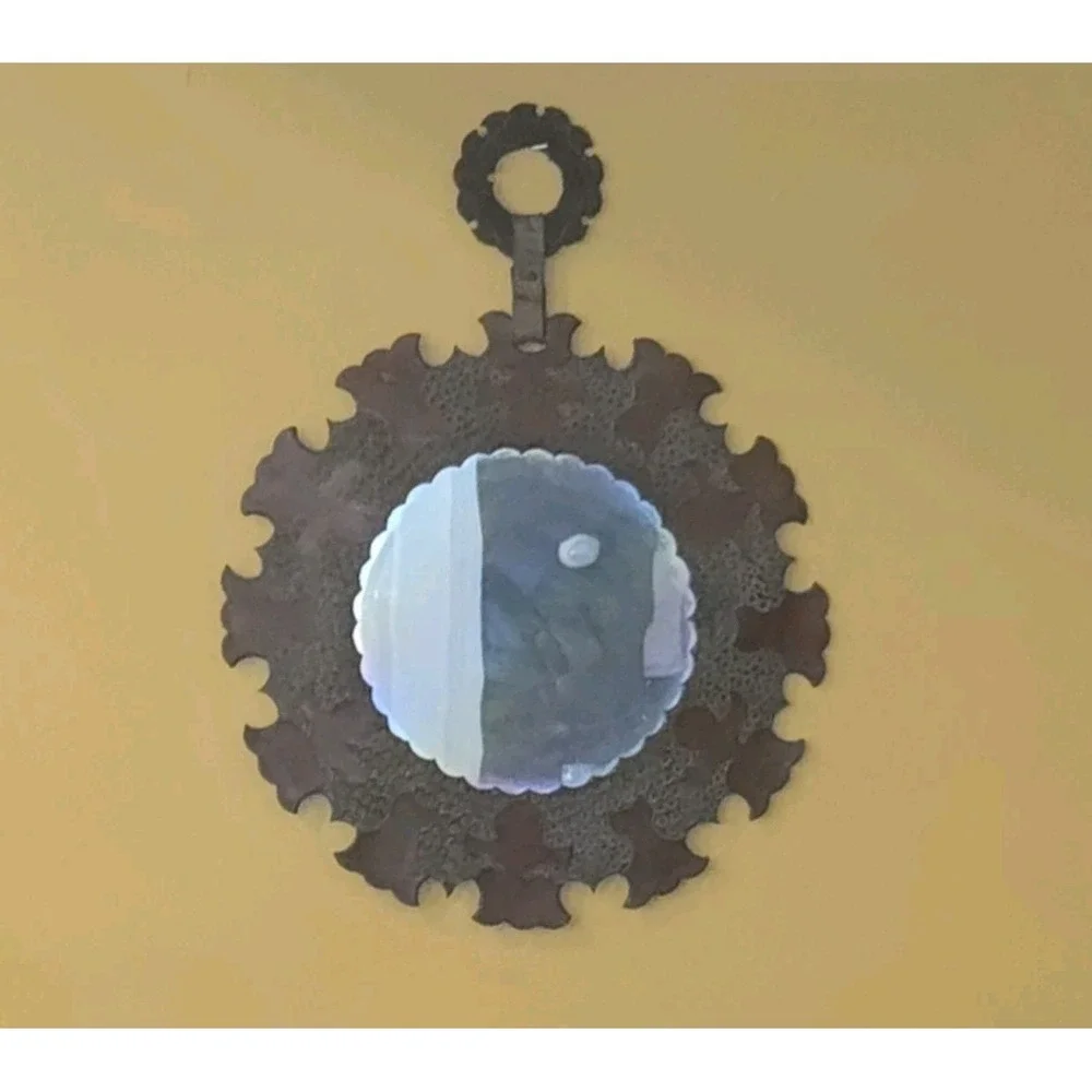 Tooled Leather Round Wall Mirror Floral Boho Moroccan Folk Art Decor Vintage